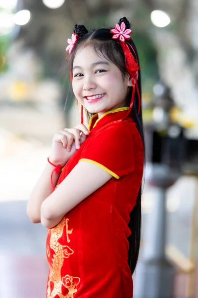 Portrait Beautiful Smiles Cute Little Asian Girl Wearing Red Traditional — Stock Photo, Image