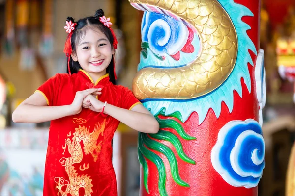 Portrait Beautiful Smiles Cute Little Asian Girl Wearing Red Traditional — Stock Photo, Image