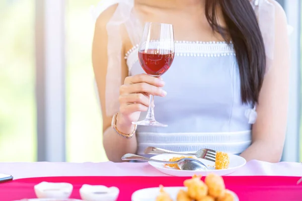 Valentine Day Concept Asian Young Girl Sitting Table Food Wine — Stock Photo, Image