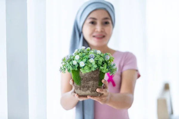 Portrait of a asian women disease mammary cancer patient Holding flower pots with pink ribbon wearing headscarf After treatment to chemotherapy at the window In the bedroom at the house