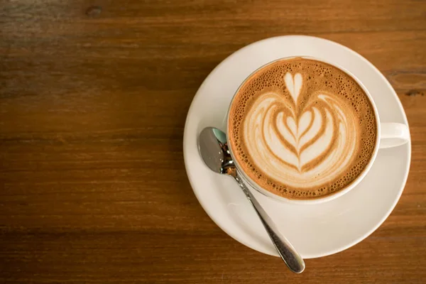 Hot Coffee Latte Latte Art Milk Foam Cup Mug Wood — Stock Photo, Image