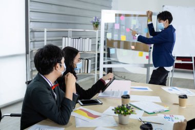 Asyalı bayan antrenör koruyucu maske hoparlörü, ofisteki COVID-19 odasında çeşitli cinsiyetlerle (LGBT) buluşan iş adamlarına ters yüz grafiği sunumu yapıyor 