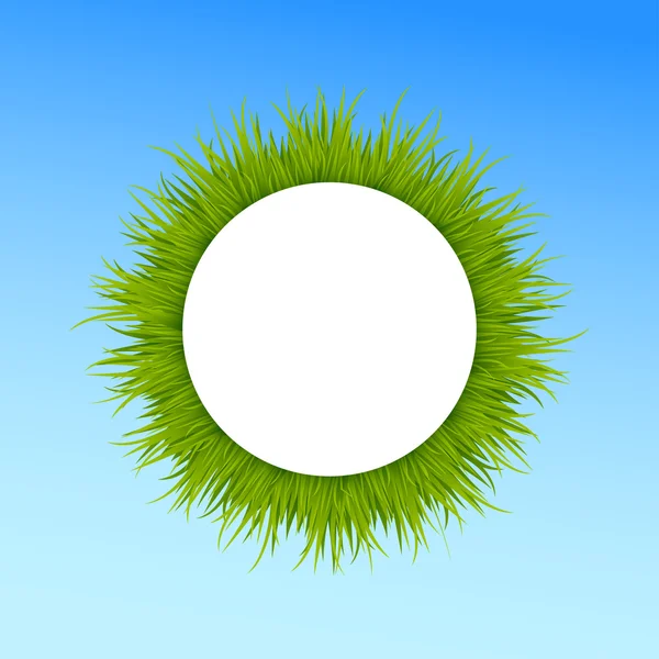 Green grass round frame on blue sky background — Stock Vector