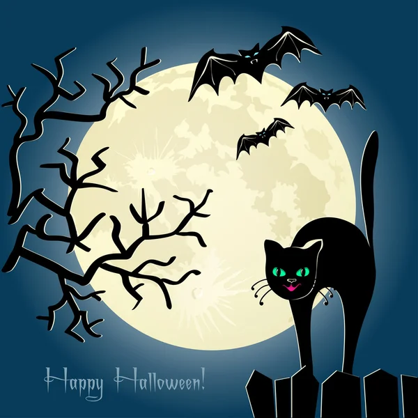 Black cat on a fence in front of the moon — Stock Vector