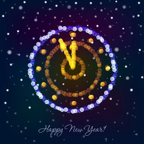 New Year clock in bokeh lights — Stock Vector