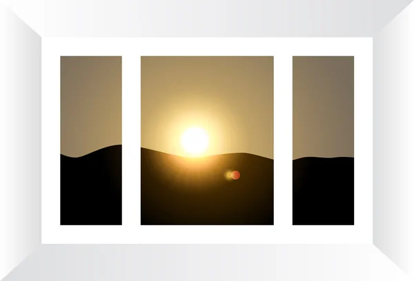 Kunststofffenster mit Blick auf die Sonnenuntergangslandschaft — Stockvektor