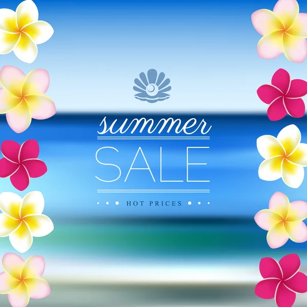 Summer Sale, blurred sea background with flowers — Stock Vector