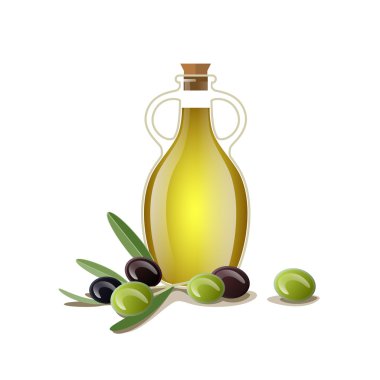 Bottle of oil with green and black olives clipart