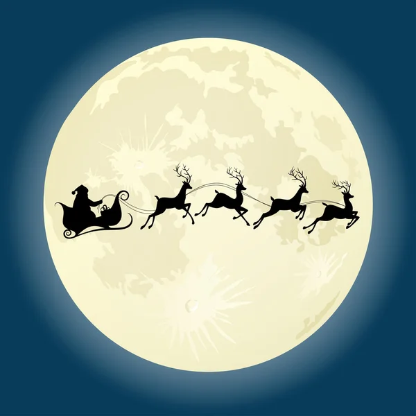 Santa Claus silhouette with deers in front of moon — Stock Vector