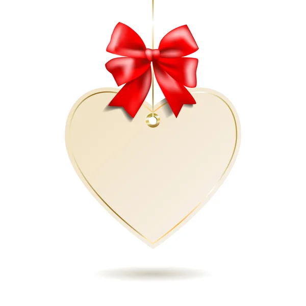 Heart shape frame with red bow hanging on white background — Stock Vector