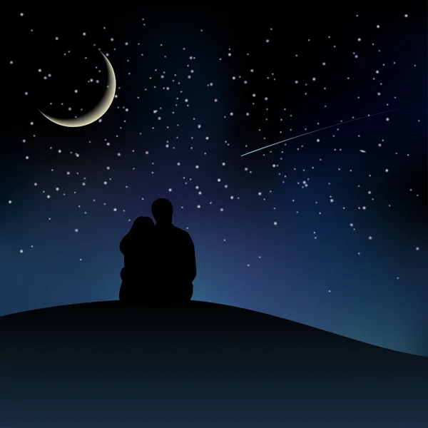 Black couple silhouettes sitting on the hill and watching starry sky — Stock Vector