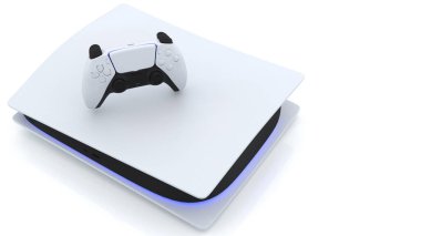 Video oyun konsolu ve yeni nesil Joystick video oyun denetleyici, beyaz arka planda fütürist kablosuz teknoloji. 3d oluşturma.