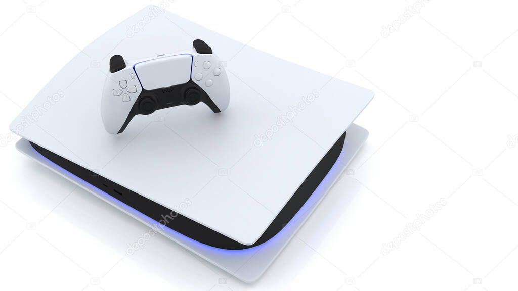 Video game console and new generation Joystick video game controller, futuristic wireless technology on white background. 3d rendering.