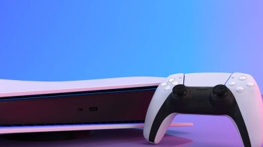 Video oyun konsolu ve yeni nesil Joystick video oyun kontrolörü, fütürist kablosuz teknoloji. 3B görüntüleme.