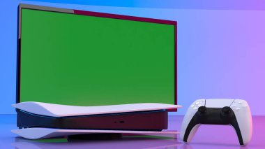 Yeni nesil video oyun konsolu ve video oyun kumandası Joystick, fütürist kablosuz teknoloji ve arka planda yeşil ekran. 3B görüntüleme.
