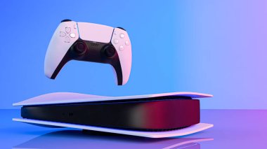 Video oyun konsolu ve yeni nesil Joystick video oyun kontrolörü, fütürist kablosuz teknoloji. 3B görüntüleme.