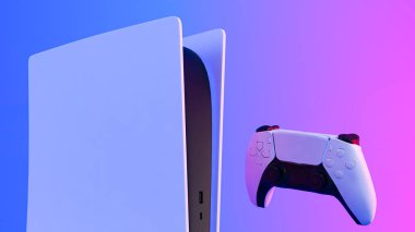 Video oyun konsolu ve yeni nesil Joystick video oyun kontrolörü, fütürist kablosuz teknoloji. 3B görüntüleme.