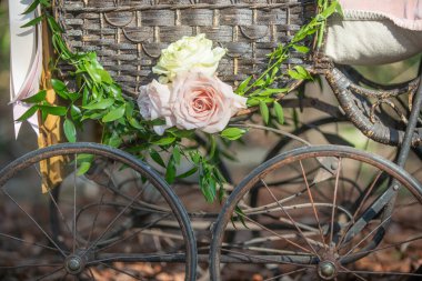 Eski paslı araba tekerleği ahşap üzerine bağlı konuştu bahçe dekorasyonu moda bebek arabası Pembe çiçekler ve yeşil sarmaşıklarla süslenmiş dokuma sepeti