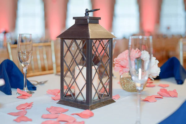 Lanterna Vela Preta Peça Central Recepção Casamento Jantar Configuração — Fotografia de Stock