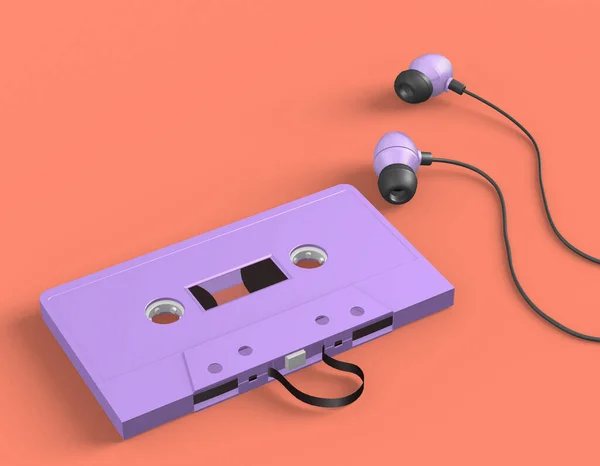 Mockup Audio Musica Retrò Viola Cassette Nastri Sfondo Rosso Pastello — Foto Stock