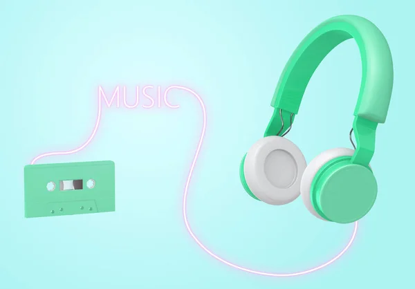 Πράσινα Ασύρματα Ακουστικά Σύνδεση Κασέτες Μπλε Φόντο Απόδοση — Φωτογραφία Αρχείου