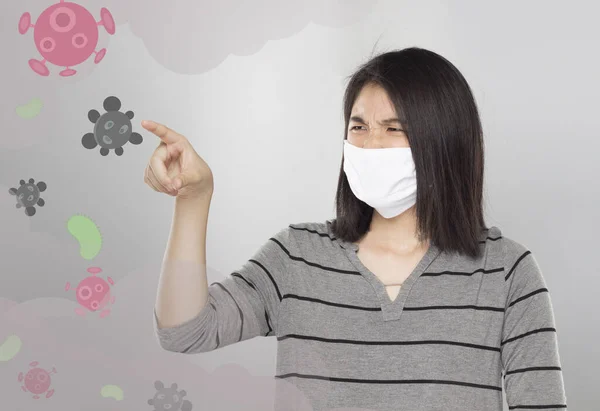 Jong Aziatische Vrouw Voelen Bang Virus Bacteriën Zweven Lucht — Stockfoto