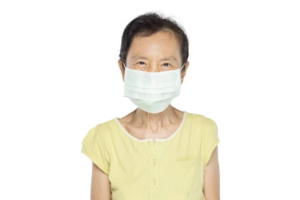 Idade Asiático Mulher Colocar Máscara Mostrar Emoção Feliz Sorriso Branco — Fotografia de Stock
