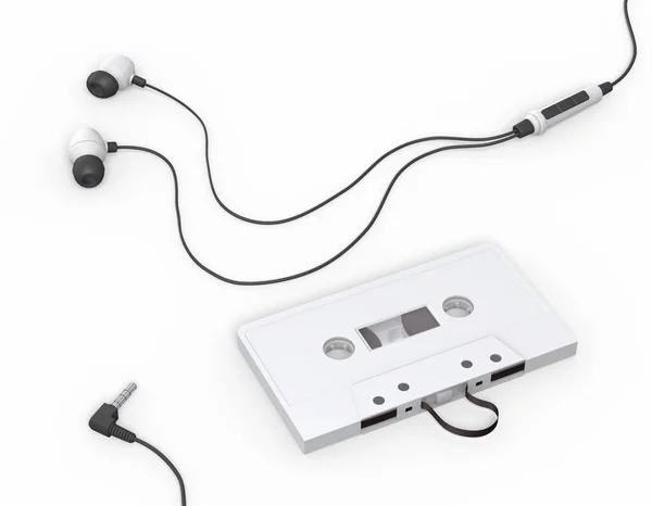 Mockup Audio Μουσική Ρετρό Κασέτες Και Ακουστικά Λευκό Φόντο Απόδοση — Φωτογραφία Αρχείου