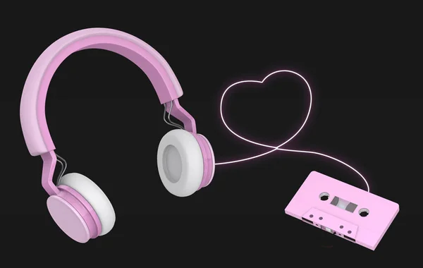 Ροζ Ασύρματα Ακουστικά Συνδέουν Κασέτες Μαύρο Φόντο Απόδοση — Φωτογραφία Αρχείου