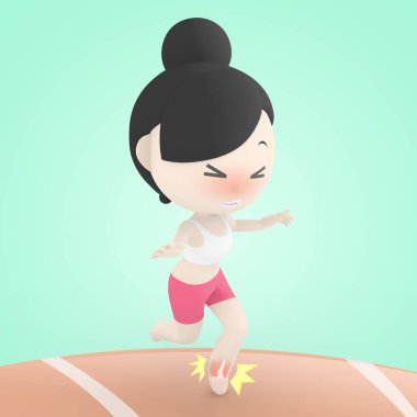 Kadın sporcu koşar ve bileğini burkar, ayak bileği incinir, 3D