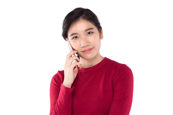 Jong Aziatische Vrouw Pick Mobiele Telefoon Witte Achtergrond — Stockfoto
