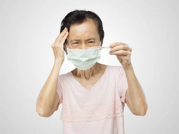 Old Asian Woman Feel Have Fever Sick — Stock Photo, Image