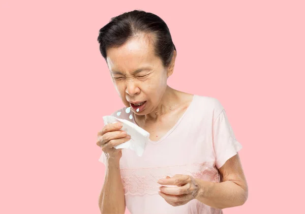 Idade Asiático Mulher Devido Tosse Espalhar Saliva Dor Garganta — Fotografia de Stock