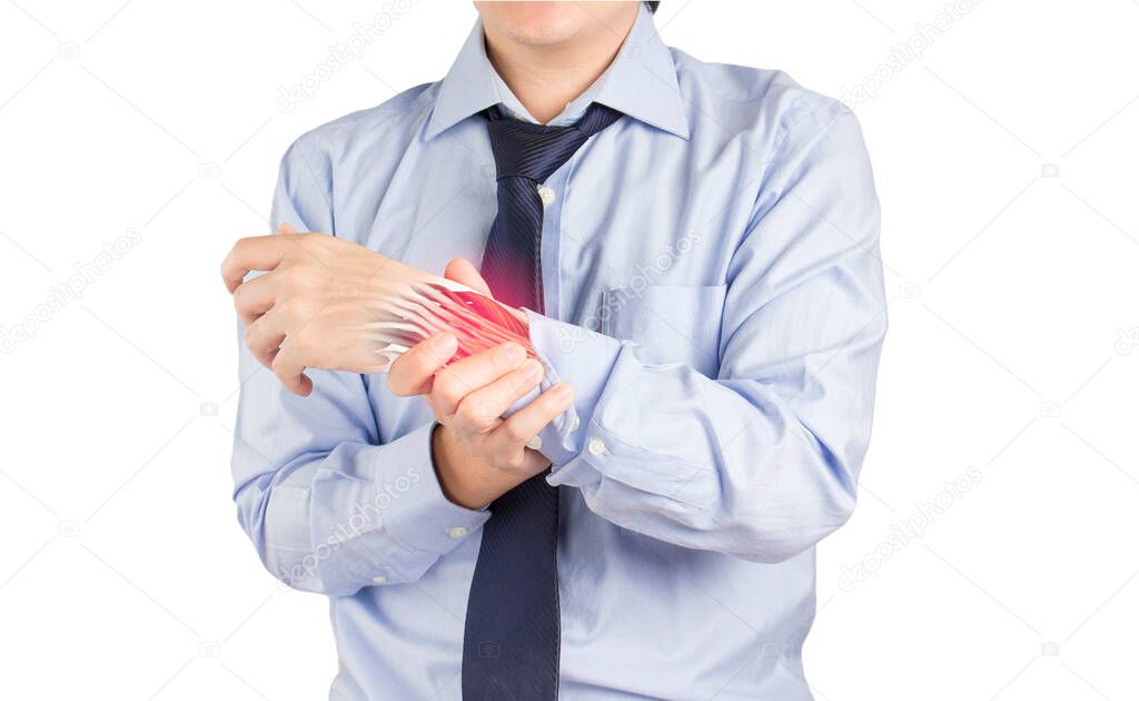 office worker feels wrist muscle pain on white background