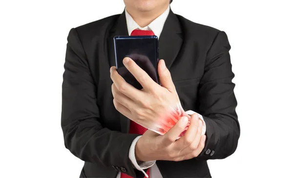 Office Worker Holding Mobile Phone Feels Pain His Wrist Wrist — Stock Photo, Image