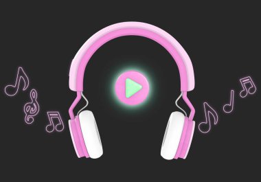 kablosuz kulaklıklar ve neon müzik notası, 3D görüntüleme