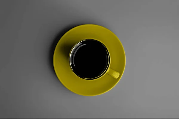 Sarı fincanlı espresso kahvesi gri arka plandaki bir fincan çay tabağında. Flatlay. Yukarıdan bak. Yılın Renkleri 2021.