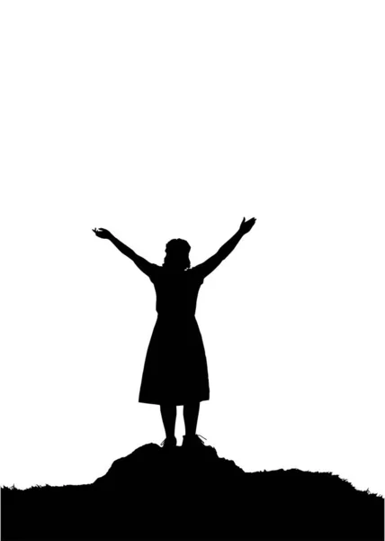 Жінка в спідниці стоїть на вершині гори і піднімає руки вгору . — стоковий вектор