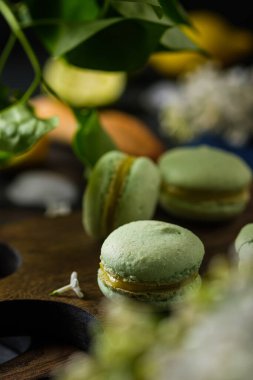 Turunçgil dolgulu makarna. Tahta bir masanın üzerinde taze narenciye ve meyveler. Tahtadaki lezzetli ve güzel Fransız hamur işleri..
