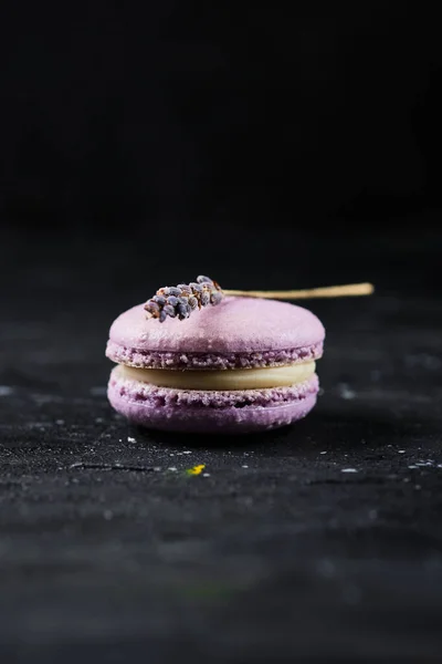 Delicious French dessert - macaroon cake. Sweet dessert made from almond flour with lavender flavor and filled with white chocolate ganache.