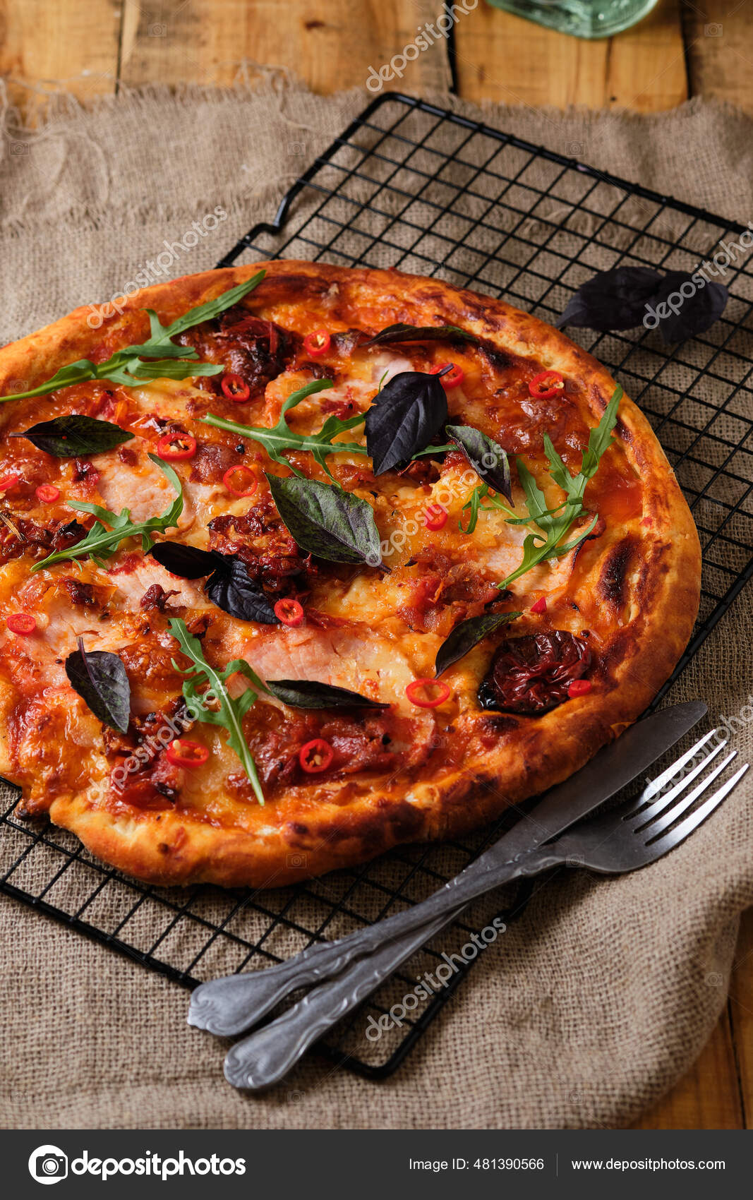 Spicy Pizza Chili Peppers Sun Dried Tomatoes Mozzarella Ham Pizza Stock