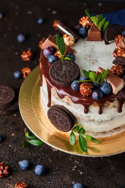 Tatil için ev yapımı kek krem peynirli, çikolatalı kurabiye ve böğürtlenli..