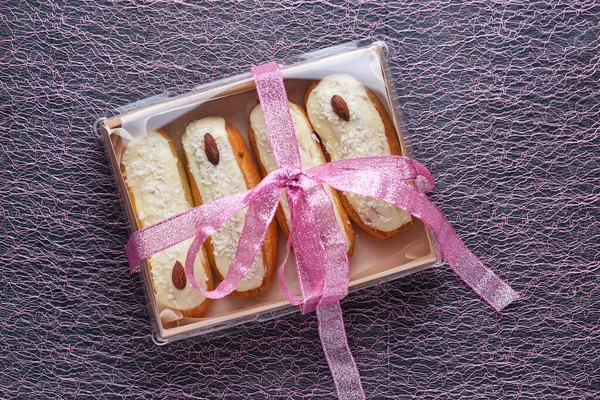 Dessert Gift Eclairs Coconut Almonds Gift Box Delicious Gift Holiday — Stock Photo, Image