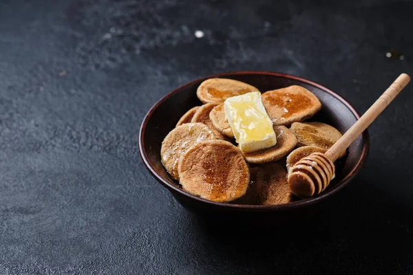 Minipancakes Butter Honey Breakfast Delicious Dessert Made Rye Flour — Stock Photo, Image