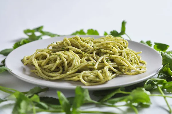 Pasta with pesto sauce. Homemade Italian food.