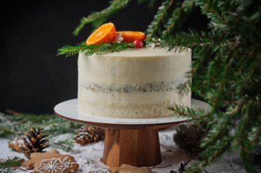 Delicious New Year's cake with poppy sponge cake and tangerine filling. A beautiful holiday cake for Christmas decorated with tangerines, fresh berries, snowflakes and spruce twigs.