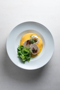 Menu for the restaurant: chicken fillet roll with potato-carrot 