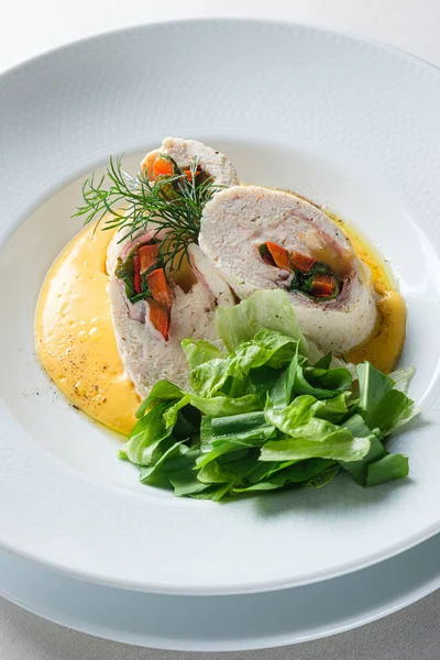 Menu Restaurant Chicken Fillet Roll Potato Carrot — Stock fotografie