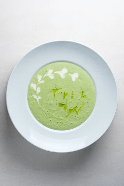 Meniu Pentru Restaurant Supă Cremă Broccoli Condimentată Oliv — Fotografie, imagine de stoc