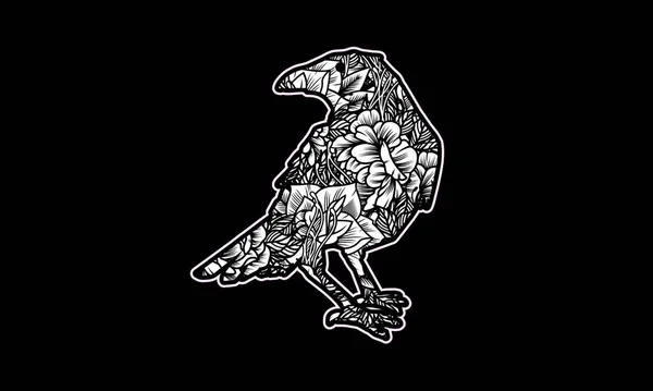 Corbeau Noir Blanc Avec Illustration Texture Roses — Image vectorielle